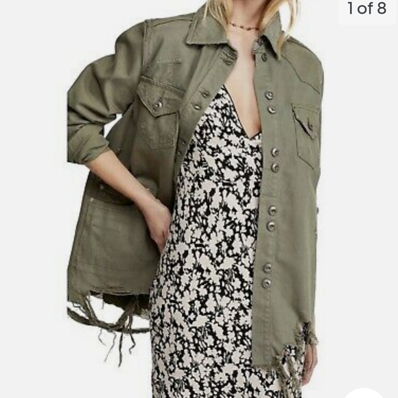 Free People Moonchild Distressed Denim Jacket / Shacket Olive Size Small